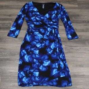 Chaps Floral Print Wrap Dress Blue Black Midi Length 3/4 Sleeve‎ Small
